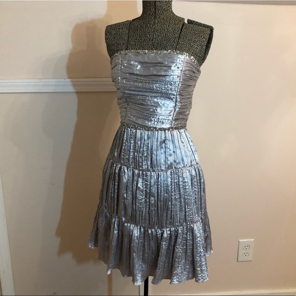 Silver Satin Morgan & Co. Beaded Dress